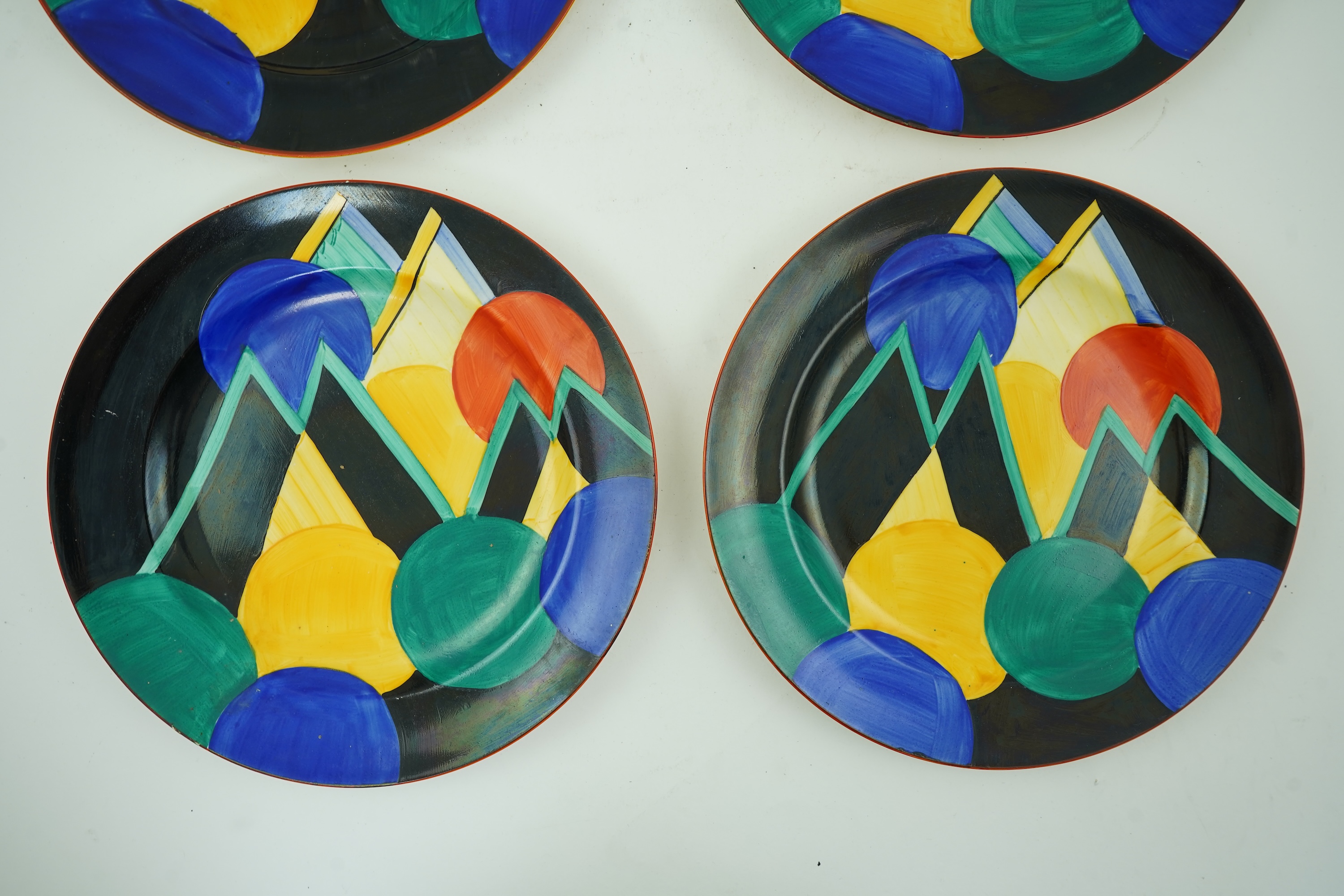 Susie Cooper OBE (1902-1995) for Gray's pottery: Four 'Moon and Mountain' pattern plates